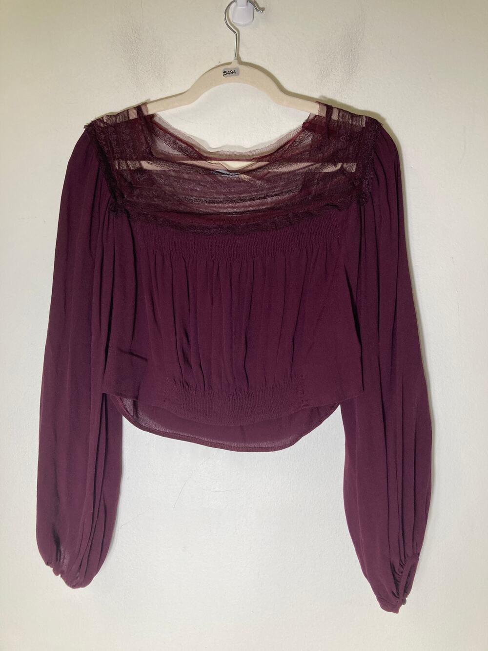 Kimchi Blue Maroon Long Sleeve Crop Top with Lace Detailing Sz S